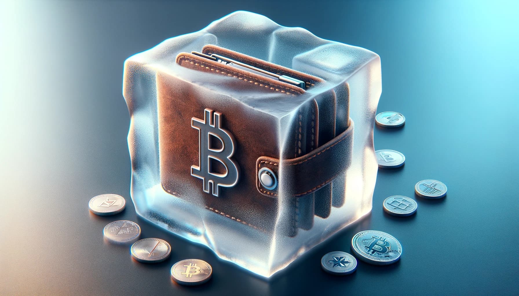 Bucket Technologies image showing a Bitcoin wallet frozen in an ice cube surrounded by gold coins.
