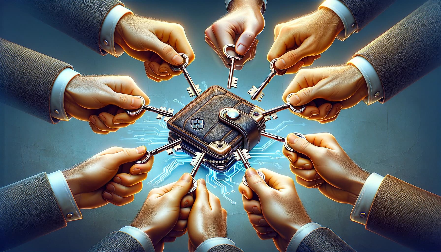 Bucket Technologies image showing a Bitcoin wallet surrounded by hands holding a key to open the wallet.