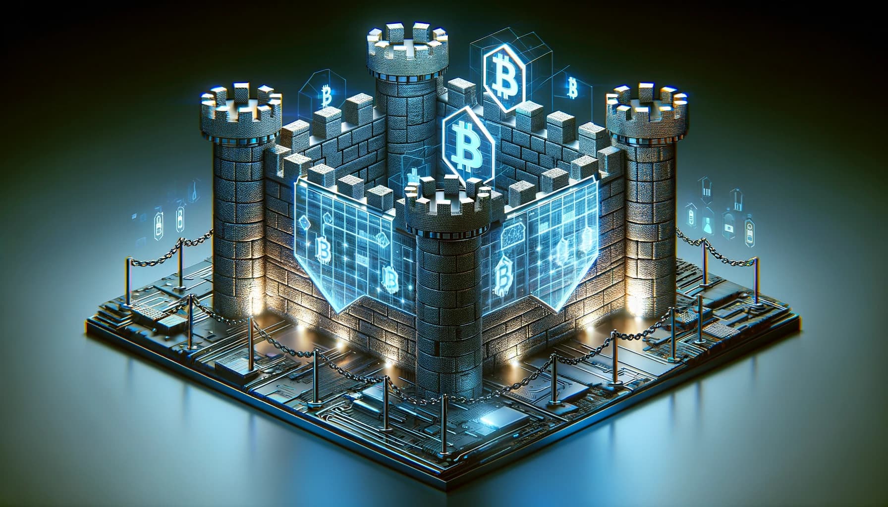 Bucket Technologies image showing a stone castle built around a Bitcoin block channel to indicate it's contents are secure.