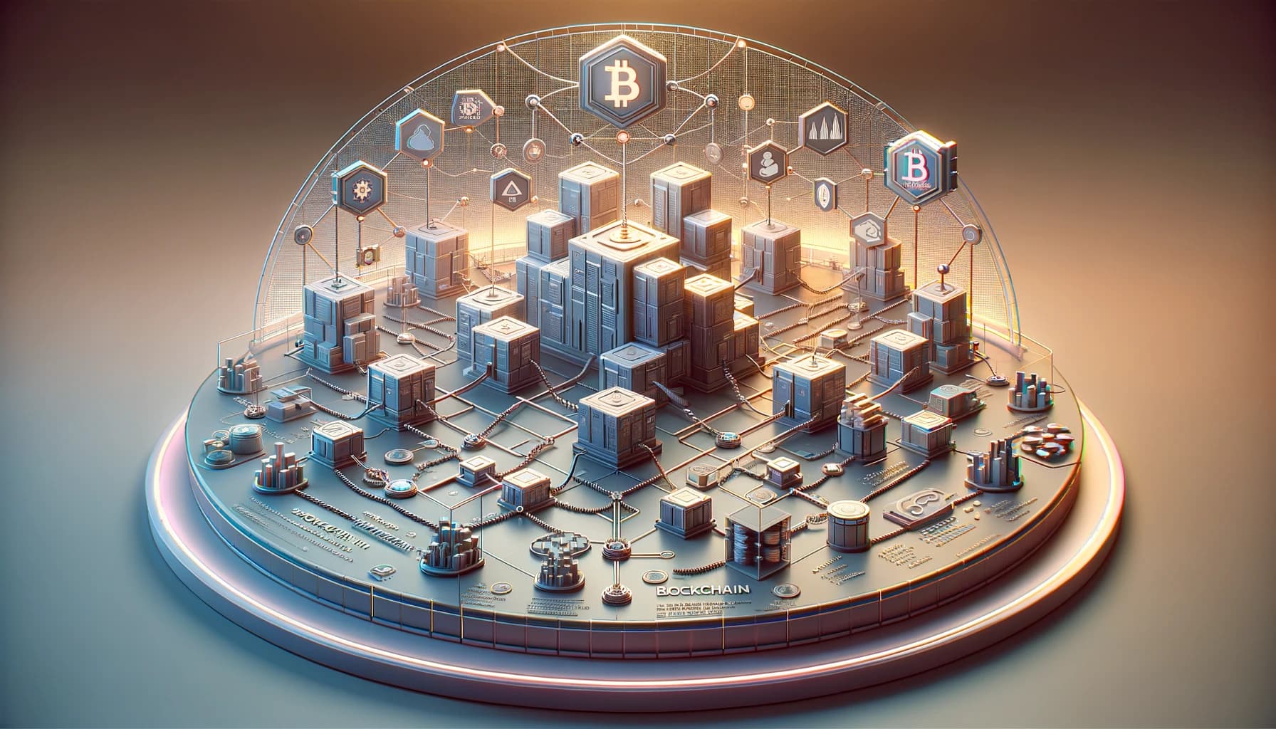 Bucket Technologies image showing a series of floating bitcoin icons all contained within a clear dome, each floating above what appears to be a small town or a computer motherboard of sorts.