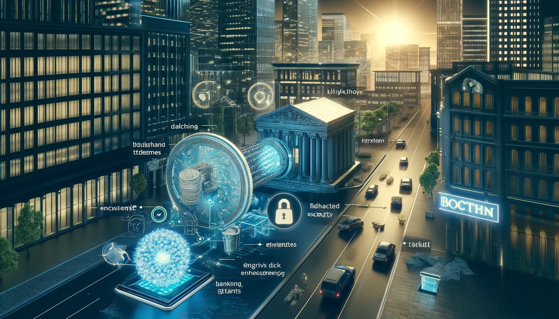Bucket Technologies image showing an animated fictional town that shows blockchain elements located in front of a bank like structure with a row of traffic (cars) passing by.