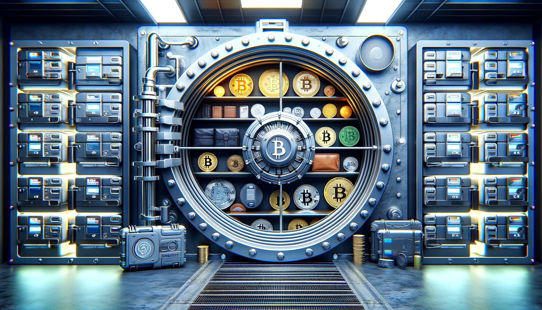Bucket Technologies image showing Bitcoin symbols on a shelf within a clear bank vault looking fixture.
