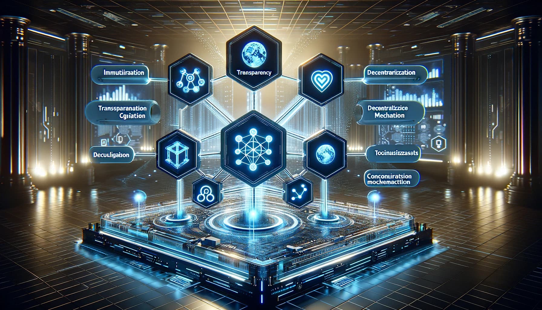 Bucket Technologies image showing a display of icon shields, linked to each other, indicating features of a blockchain process.