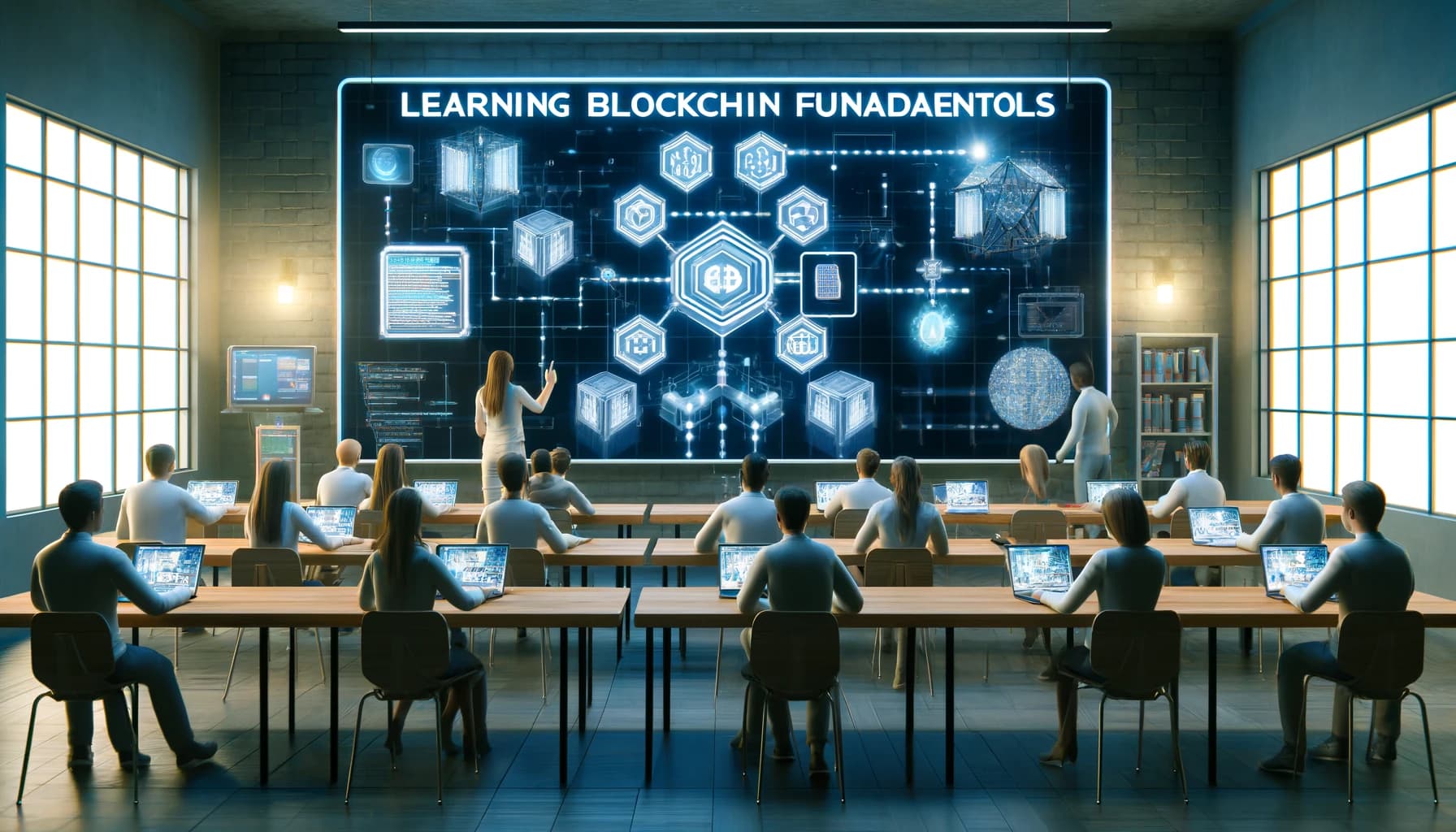 Bucket Technologies image showing a large digital blackboard in a classroom that's displaying a blockchain drawing.