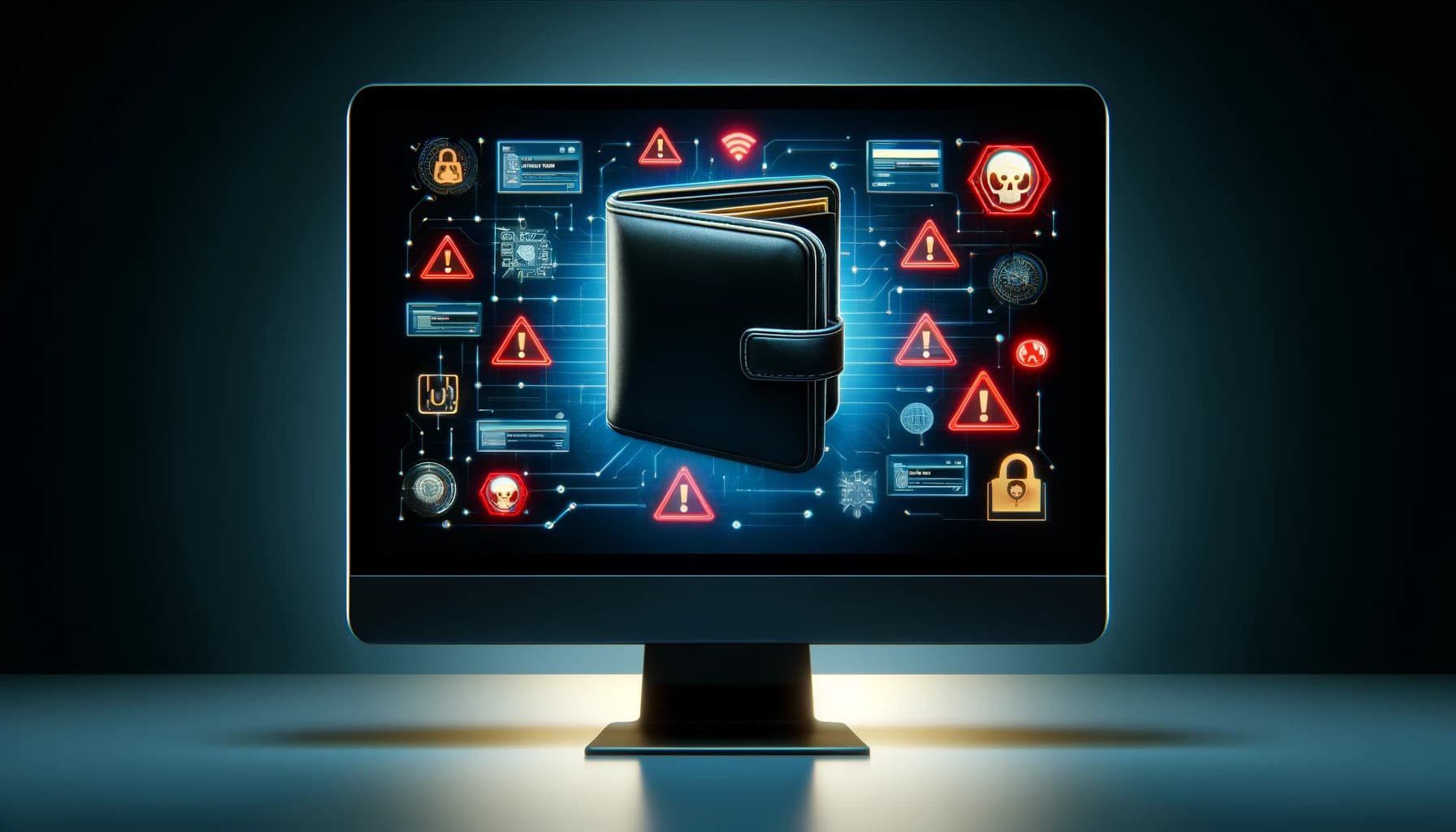 Bucket Technologies image showing a large computer monitor with a bitcoin wallet displayed and surrounded by padlock and caution icons.