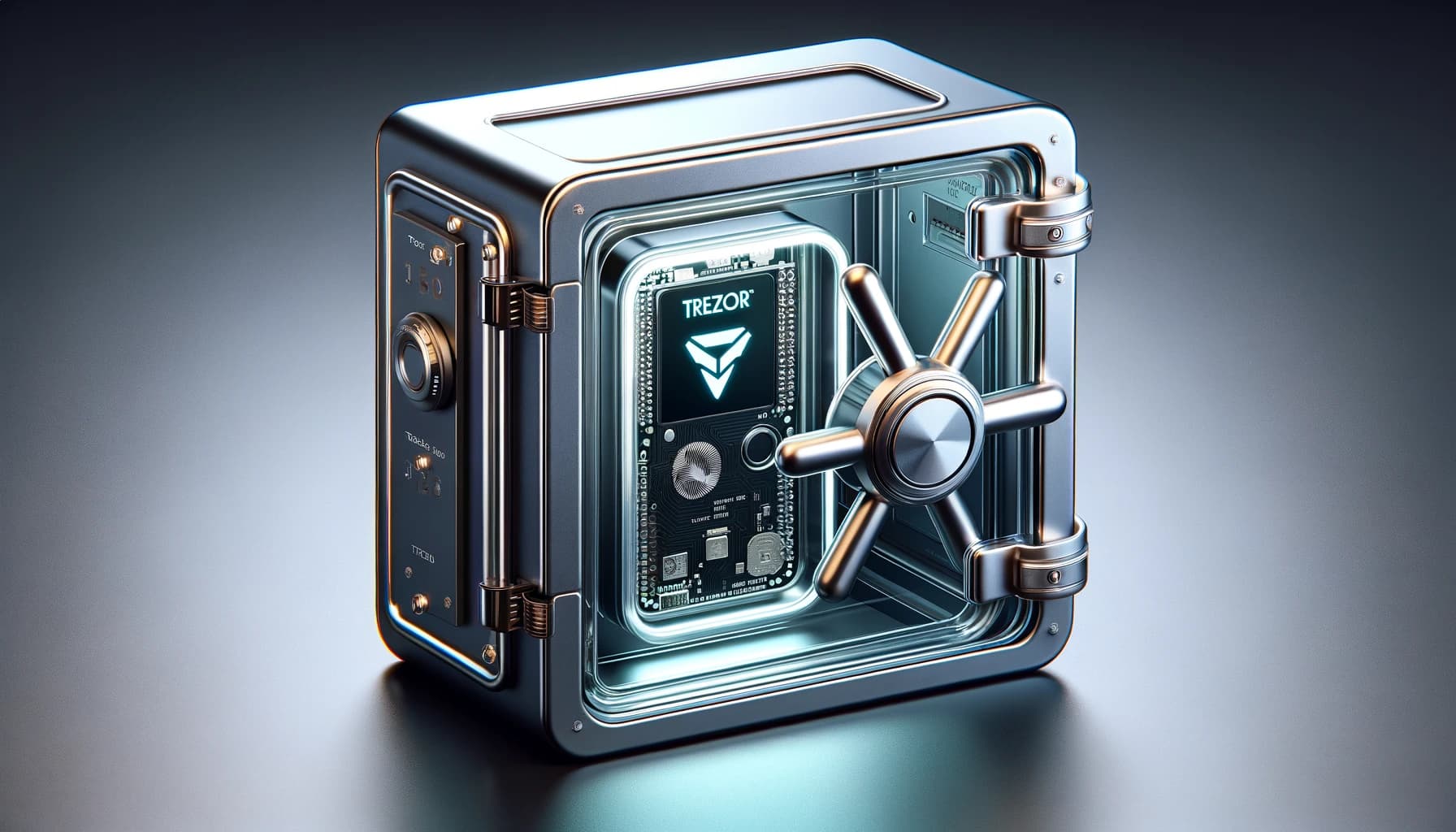 Bucket Technologies image showing a Bitcoin wallet protected in a clear safe like looking fixture complete with a rotary mechanism to lock/unlock the door.