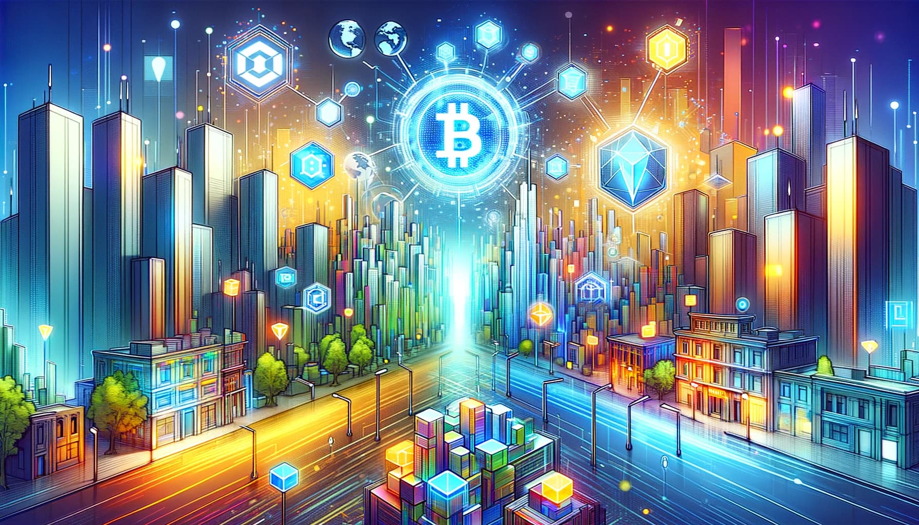 Bucket Technologies image showing a view of two roads coming to a point right at the center of a metro area with a Bitcoin logo encircled in blue floats just above head.