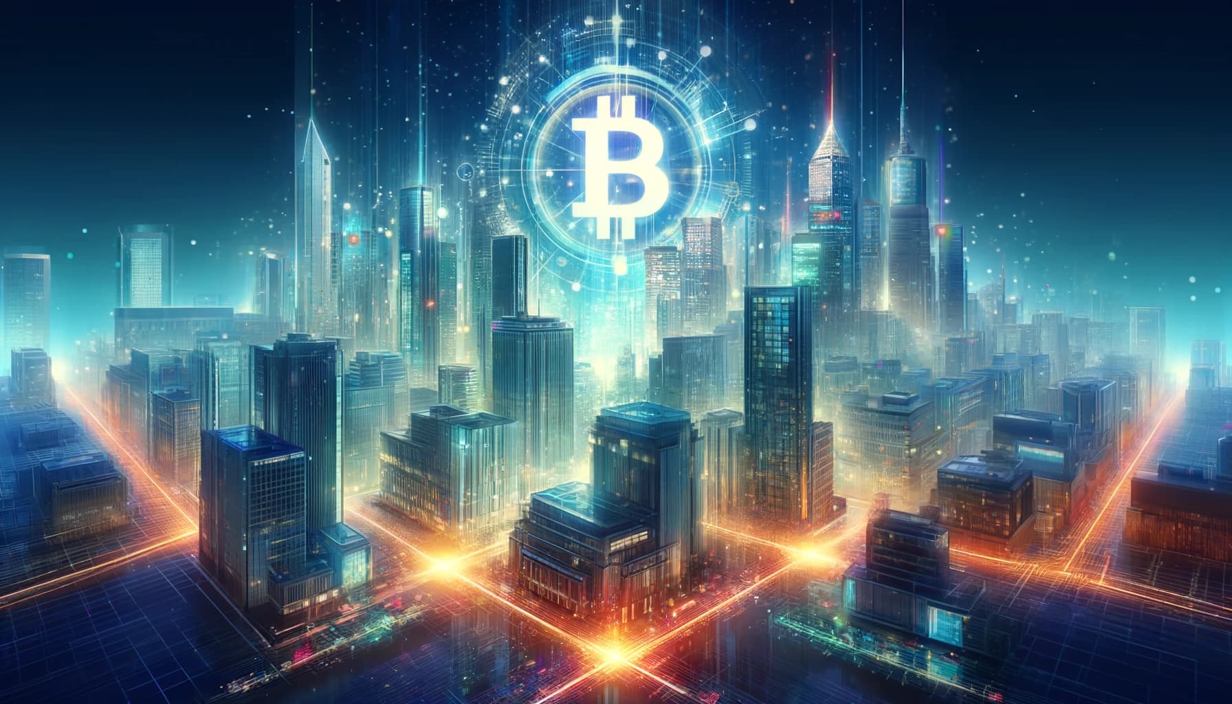 Bucket Technologies image showing a large metropolitan city with a Bitcoin logo floating above it's center.