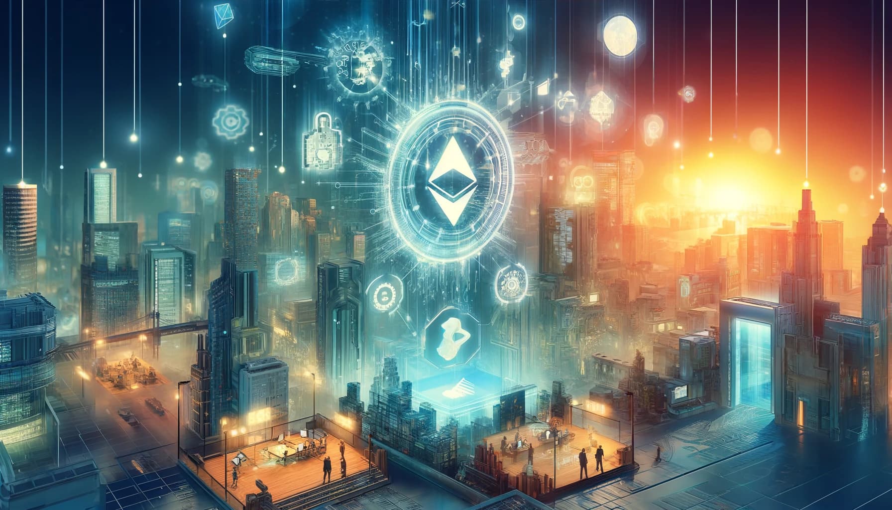 Bucket Technologies image showing a downtown portion of a city with residents gathered in scattered open areas with all individuals facing several large sized bitcoin icons apparently floating in the night time sky.