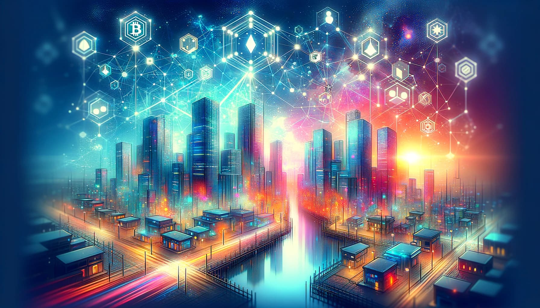 Bucket Technologies image showing a well-lit downtown portion of a city with bitcoin logos floating in the night sky above.