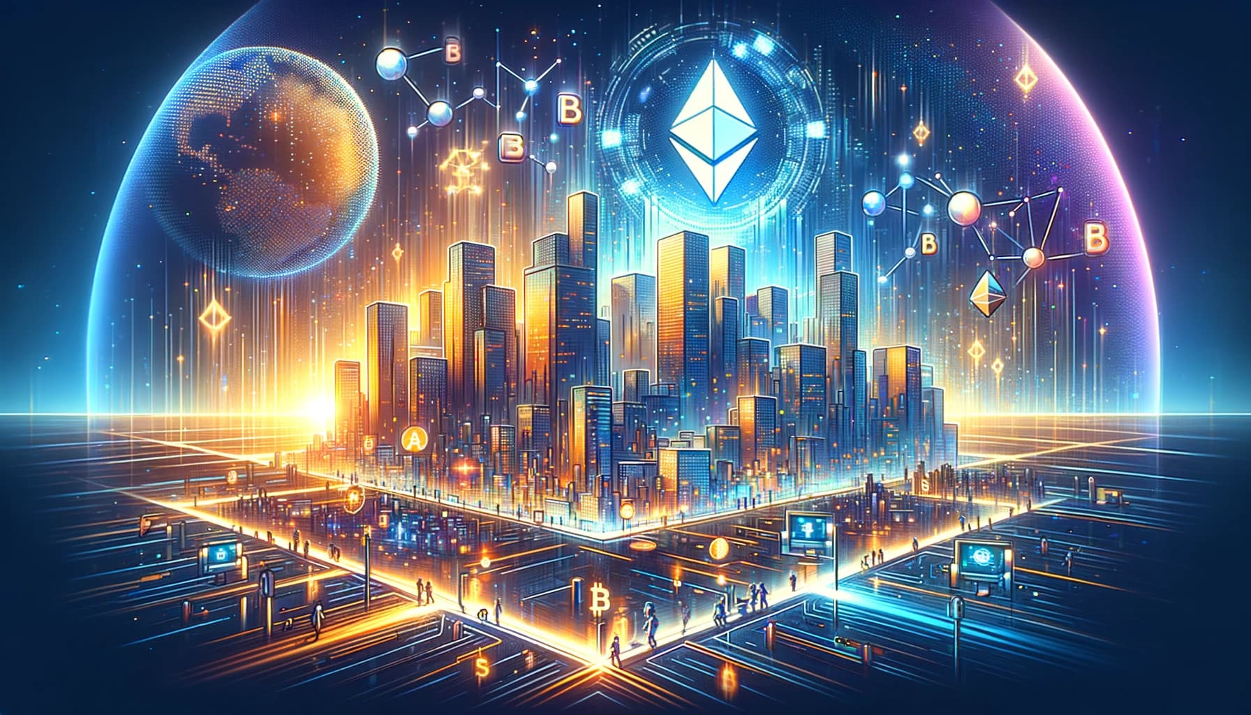 Bucket Technologies image showing a large downtown metropolitan area floating above a ground level populated with multiple persons all encased within a dome with various bitcoin logos floating about the night sky.
