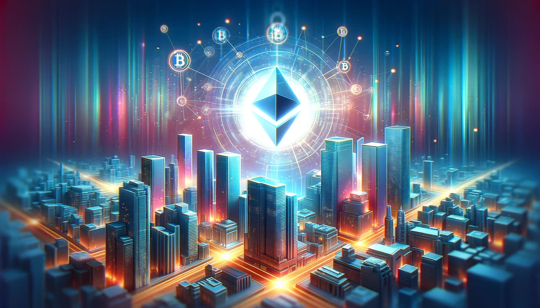 Bucket Technologies image showing a well-lit downtown portion of a city with a large blockchain logo floating in the night sky above surrounded by much smaller bitcoin logos almost like stars.
