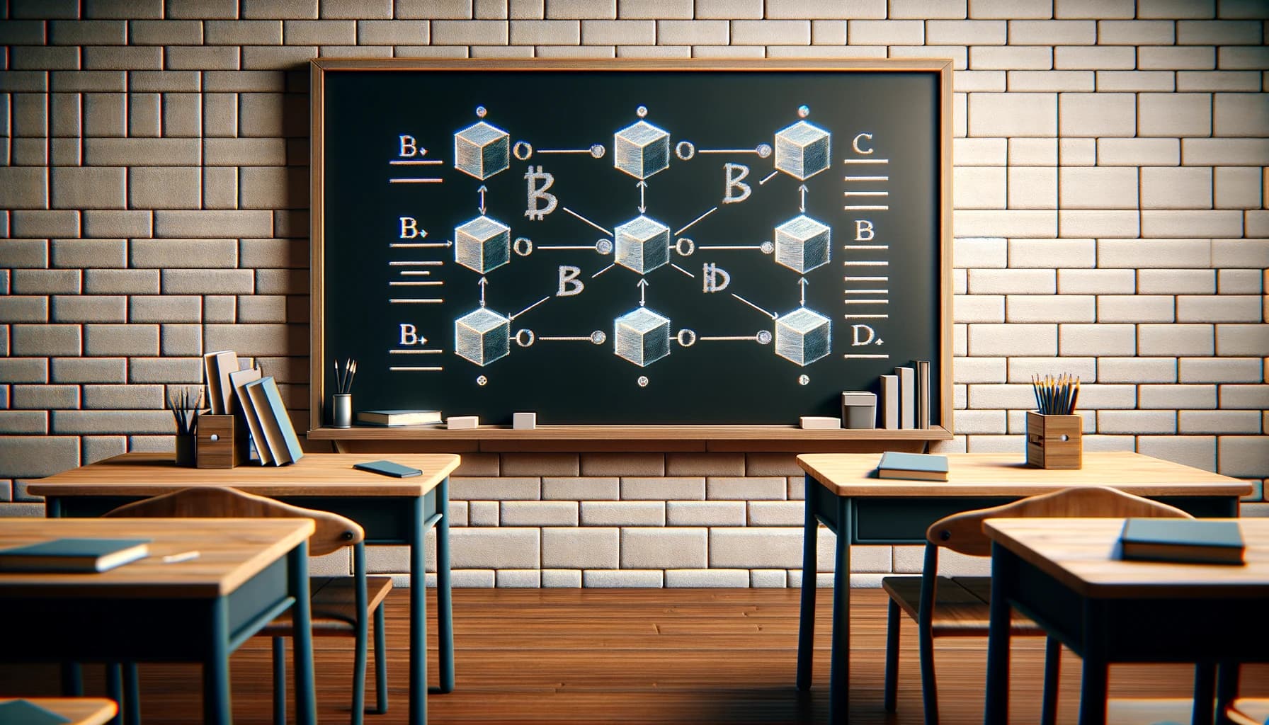 a classroom with student's desks facing the blackboard with a blockchain drawn on it
