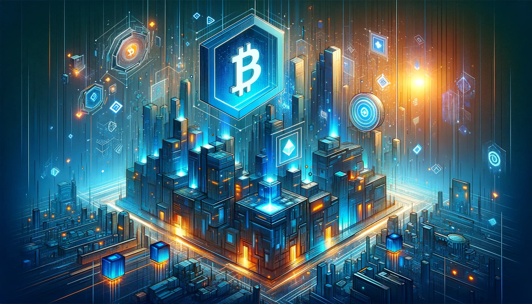 a digital city with a large floating bitcoin cube at its center.