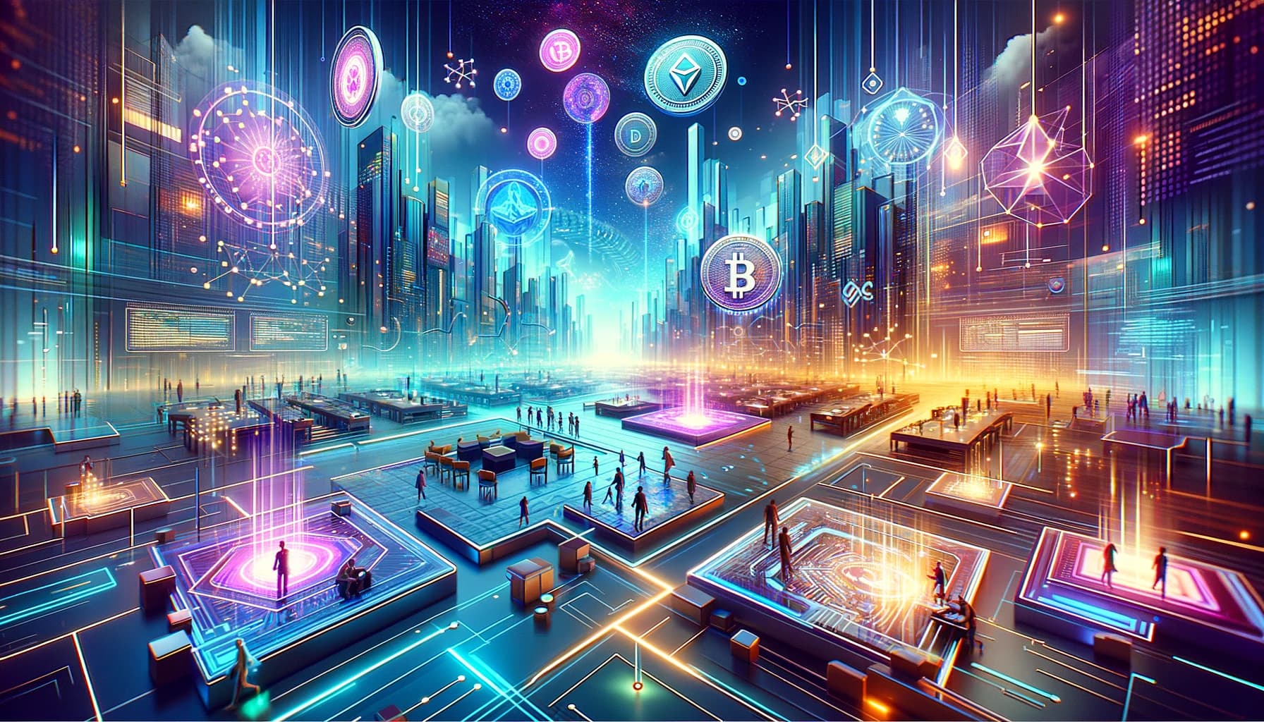a large multi-leveled open area surrounded by floating bitcoin logos and high-rise buildings with people gathering on some of the elevated levels.