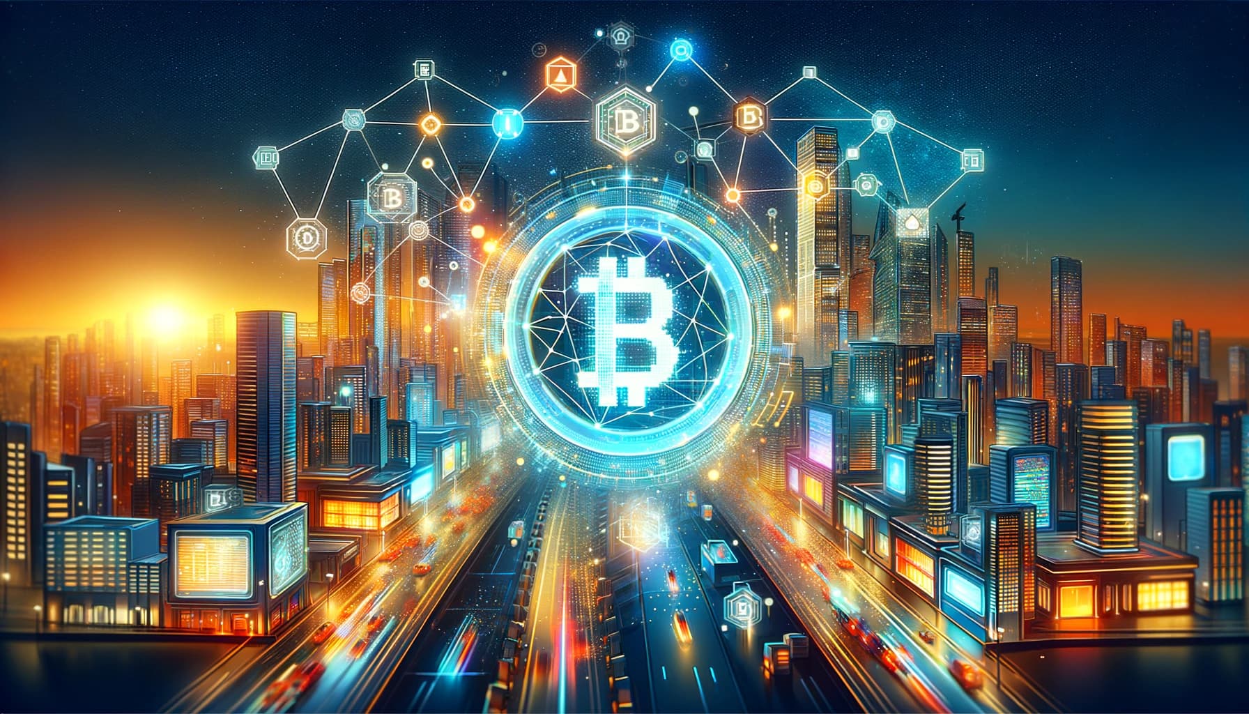 Bucket Technologies image showing a major highway running through the center of a downtown metropolitan area with a large Bitcoin logo floating in the sky above as well as many different blockchain icons also floating in the night time sky.