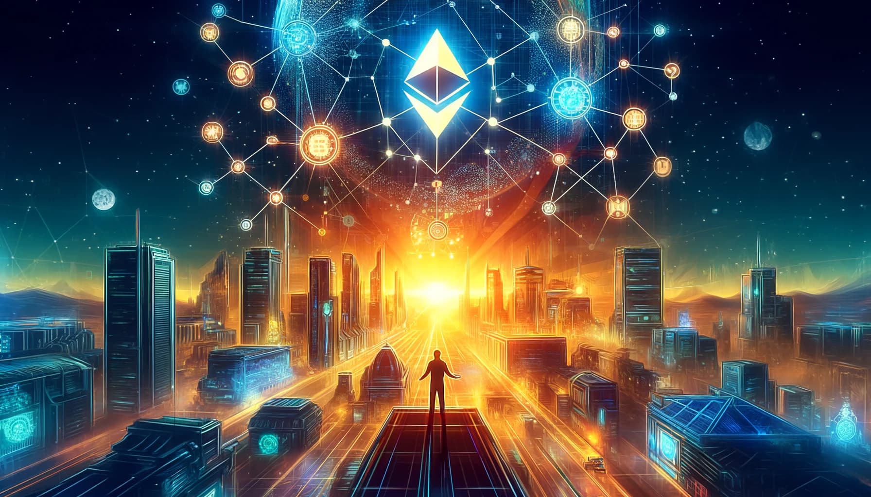 Bucket Technologies image showing an individual standing alone in the center of a lighted downtown city facing what appears to be a sunrise with bitcoin logos floating in the night sky above.