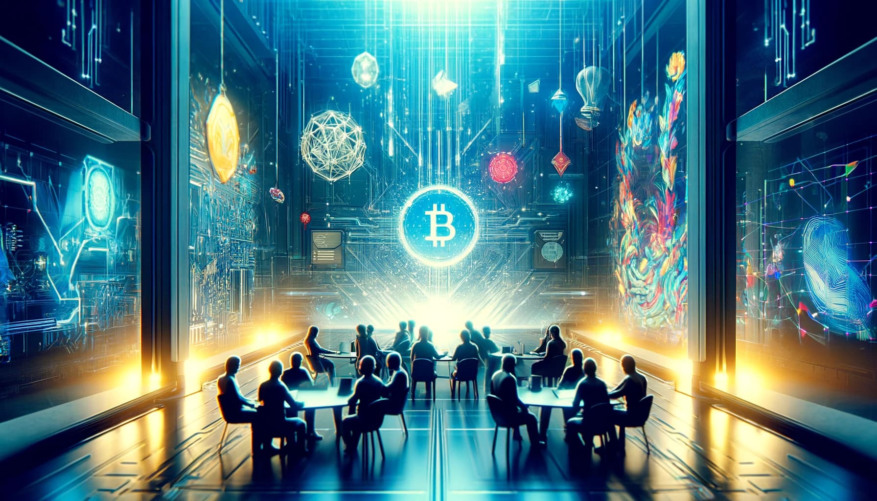 People sitting at separate round tables in a conference room surrounded by bitcoin logos on the walls.